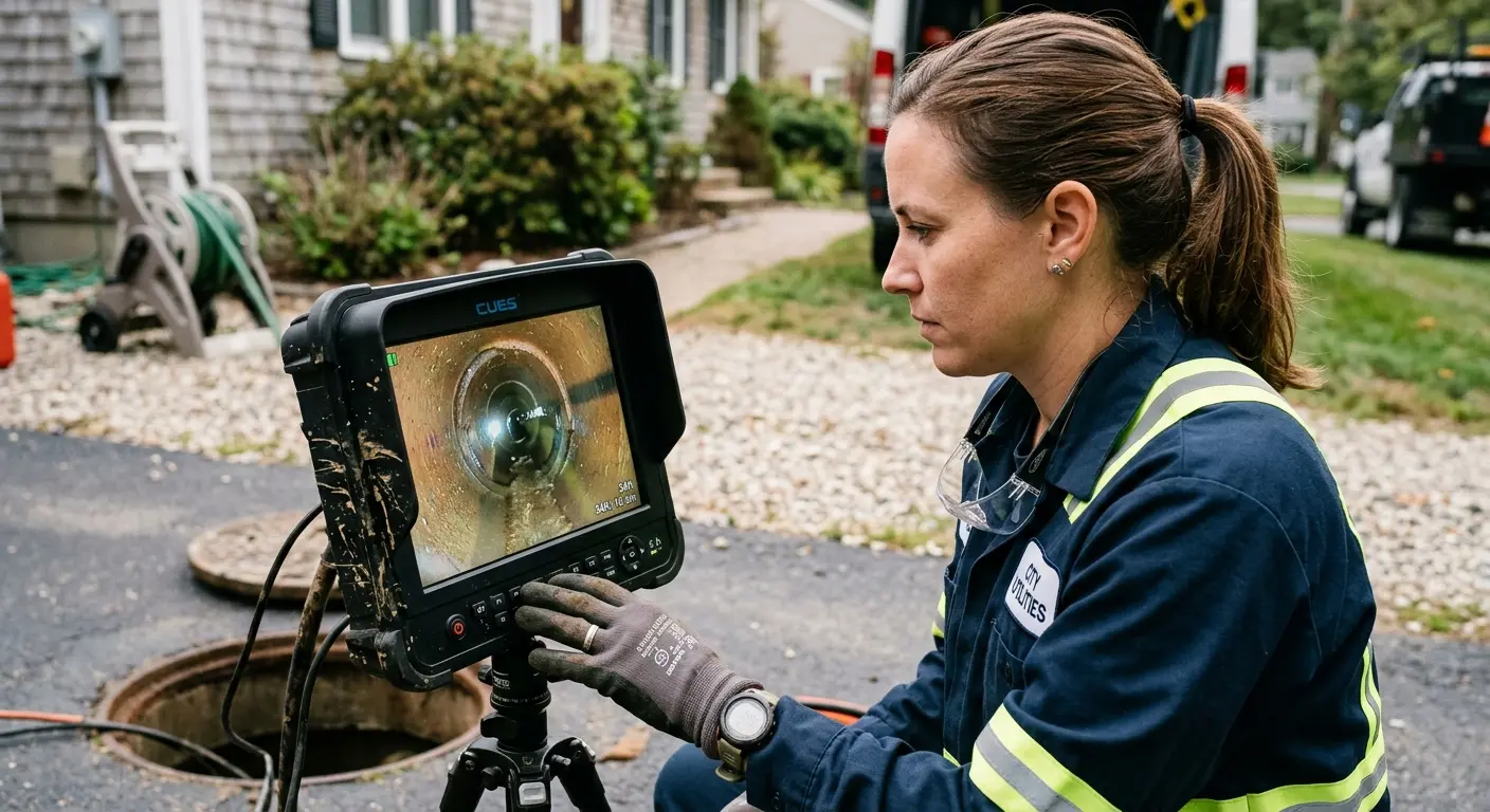 Technician reviewing sewer camera inspection footage in La Palma