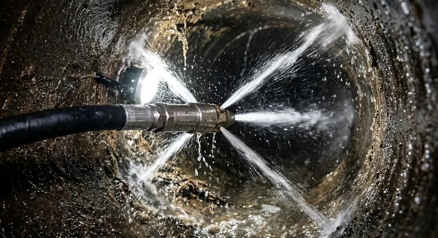 High-pressure hydro jetting nozzle cleaning sewer pipe for Sewer Cleanout in La Palma