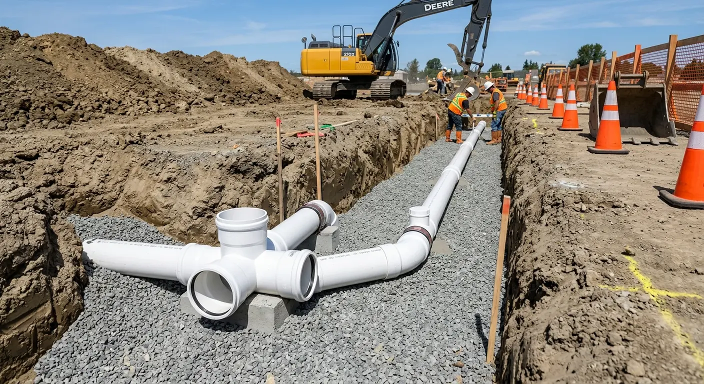 New PVC sewer pipe installation in open trench for Sewer Backup in La Palma