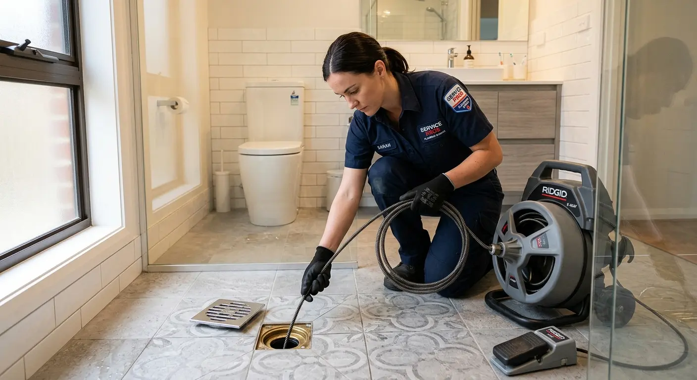 Technician clearing a bathroom floor drain for Clogged Drain Repair in La Palma